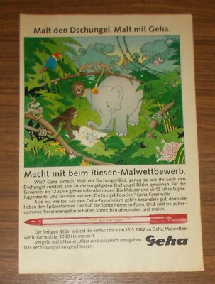 Seltene Werbung GEHA Faserschreiber Dschungel Elefant Schildkröte 1982