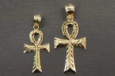 10K Solid Yellow Gold Men Women Diamond Cut Ankh Egyptian Cross Charm Pendant.