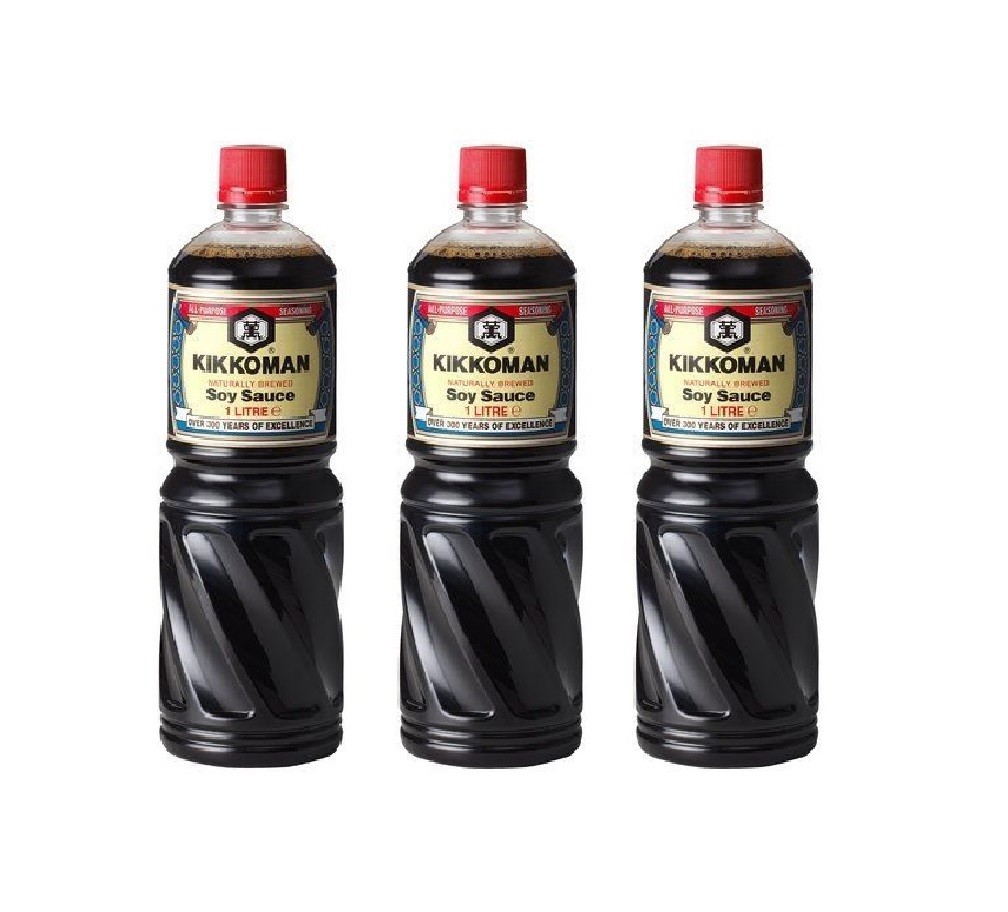Dreierpack: 3 x 1 Liter KIKKOMAN Sojasauce Großflasche Soja Sauce Soße Sojasoße