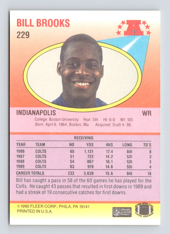 1990 Fleer Card, #229 Bill Brooks, Indianapolis Colts Ring of Honor - Image 2 of 3