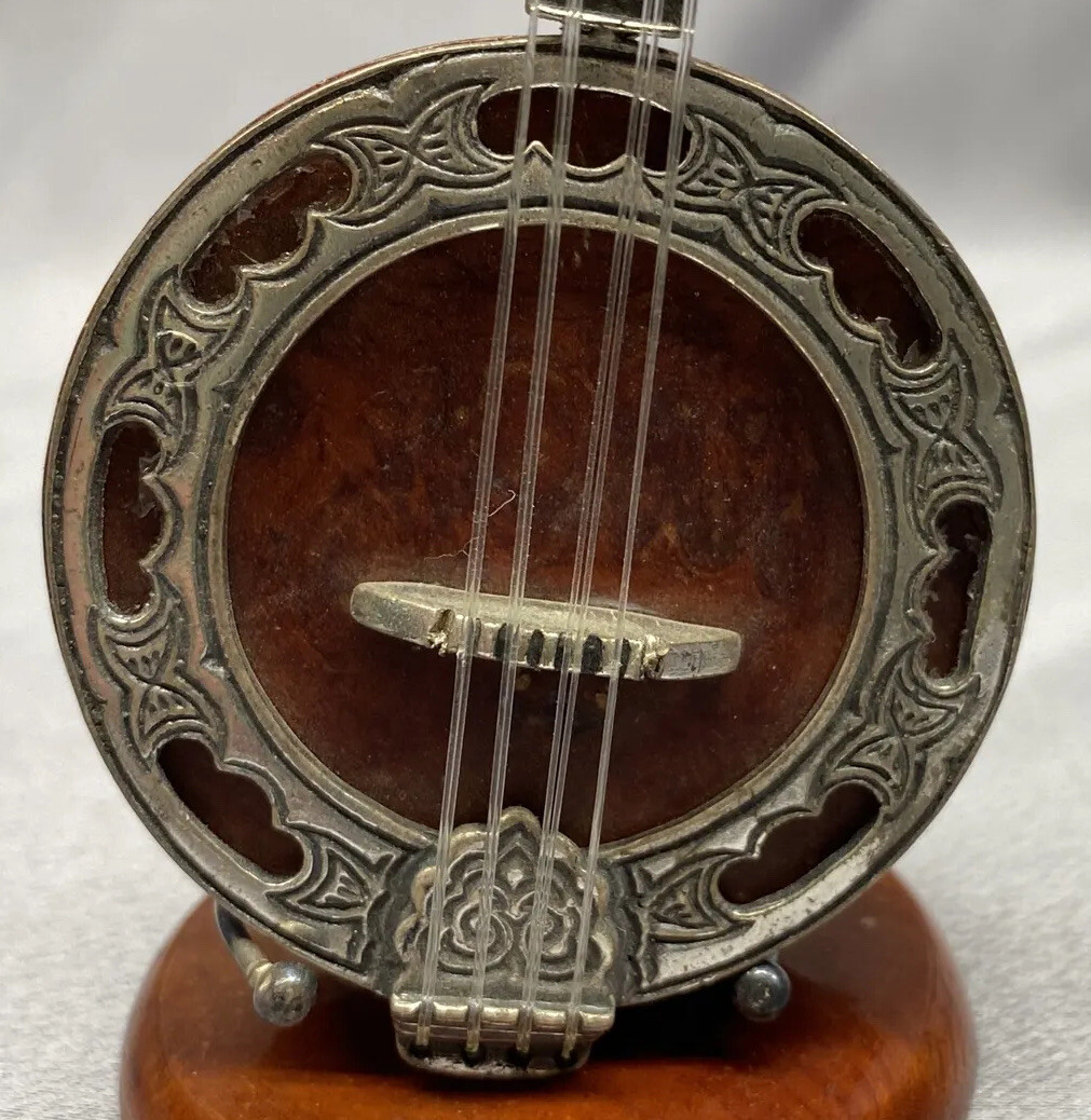 VTG Miniature Sterling Silver Burl Wood Stringed Instrument Banjo ...