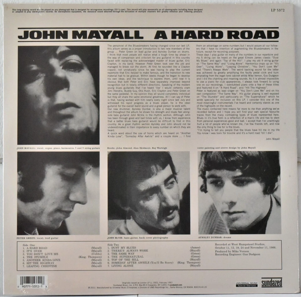 SUNDAZED MONO LP 5372 USA 2011 JOHN MAYALL & BLUESBREAKERS "Hard Road"  180g SS - Image 2 of 3