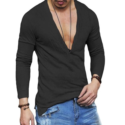 Fashion New Men's Slim Fit Shirts Deep V-Neck Long Sleeve Casual T-Shirt Tee - Picture 24 of 26