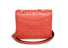 TORY BURCH Bryant Mini Flap Crossbody Reddish Orange Quilted Leather Chain Strap