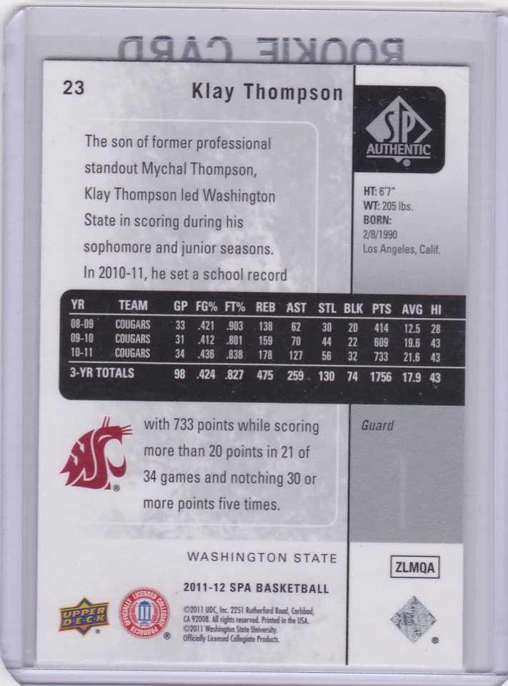 KLAY THOMPSON 2011 Upper Deck SP Auténtica Tarjeta de Novato Golden State Warriors RC! Foto 2 de 2
