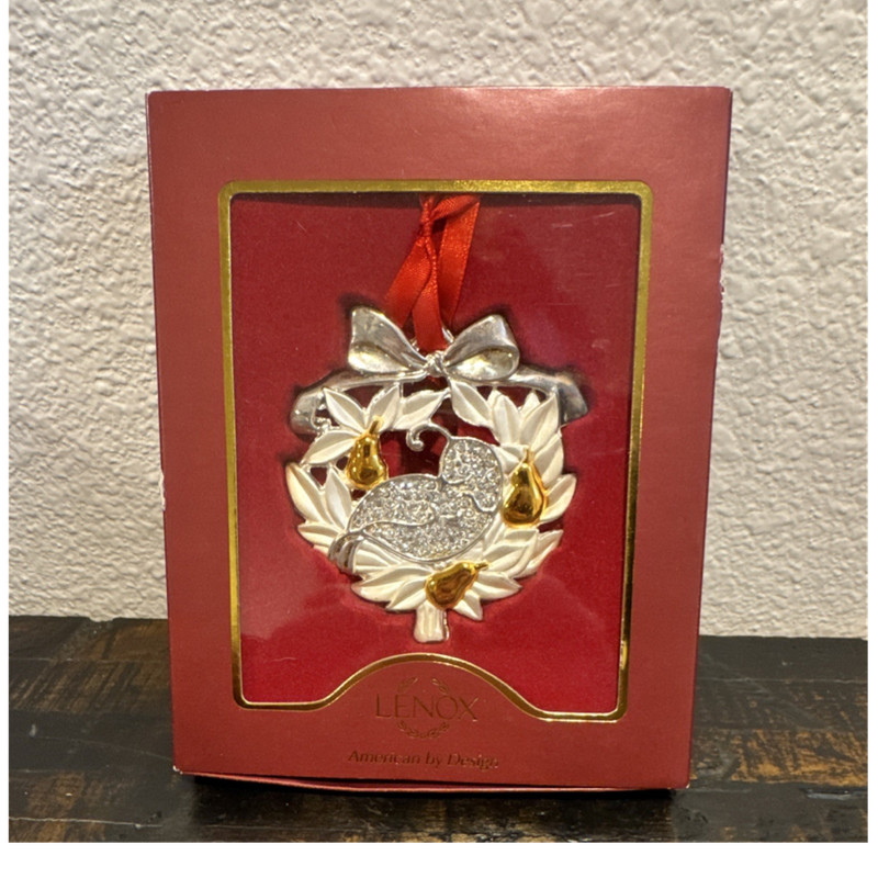 Lenox Gemmed Partridge Wreath Ornament Gold Silver Tone Metal Hanging 815588
