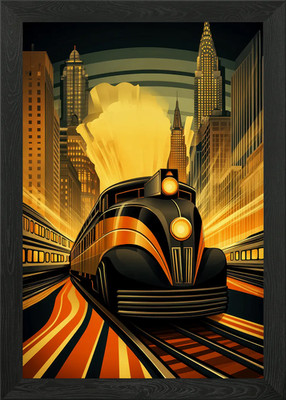 Art Deco Zug in der Stadt gerahmtes Wandbild Poster Leinwanddruck Bild