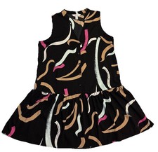 Nine West V Neck Dress Sz M Drop Waist Button Front Black White Pink Tan Print
