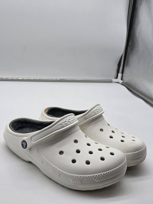 Crocs Classic Lined Clog Shoes Womens Size 9 White Fuzzy Slip On Damaged
