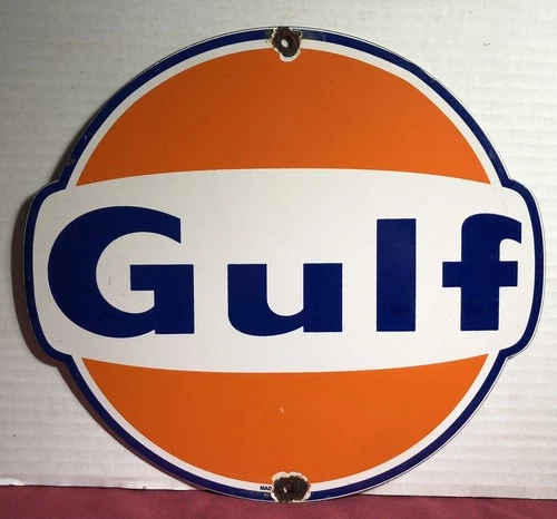 VINTAGE GULF GASOLINE MOTOR OIL PORCELAIN GAS STATION ADVERTISING SIGN