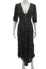 Rixo Women Black Polka Dot V Neck 3/4 Sleeve Maxi Dress Viscose Size 2