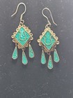 Vintage Alpaca Diamond Shaped Chipped Green Turquoise Hook Dangle Earrings
