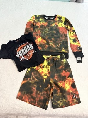 NWT Nike Jordan Boys Large YL Orange Black Fleece Shorts Set Sweatshirt Tee