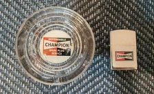 Champion Glass Ashtray & Lighter Set Clear Stand-up Used