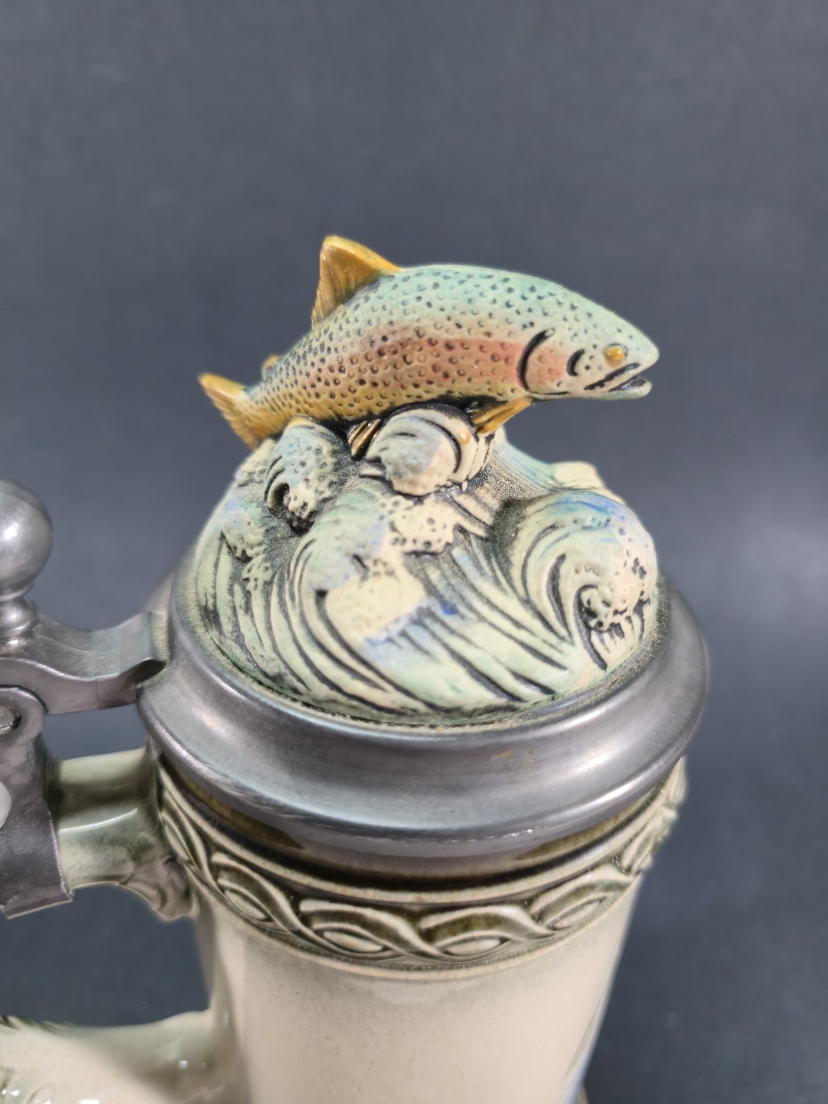 Vintage GERZ Germany 8.5" Rainbow Trout Fish Beer Lidded Original Gerzit Stein