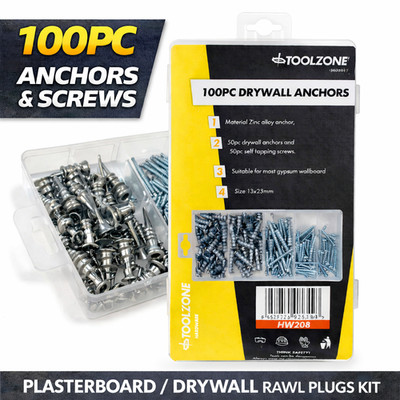 100 Stück Dübel & Schrauben | BZP | Trockenbau/Gipskarton | Speed Raw/ Rawl Dübel Set