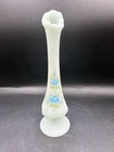 Vintage Fenton Art Glass Hand Painted Blue Roses on Blue Satin Signed Bud Vase.