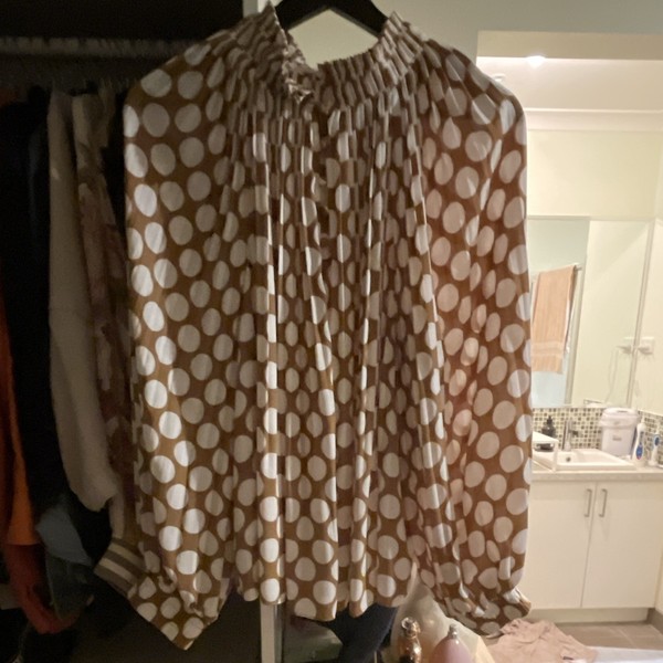 Country Road Polyester Chiffon Polka Dot Blouse Size 14 Brown White High Neck