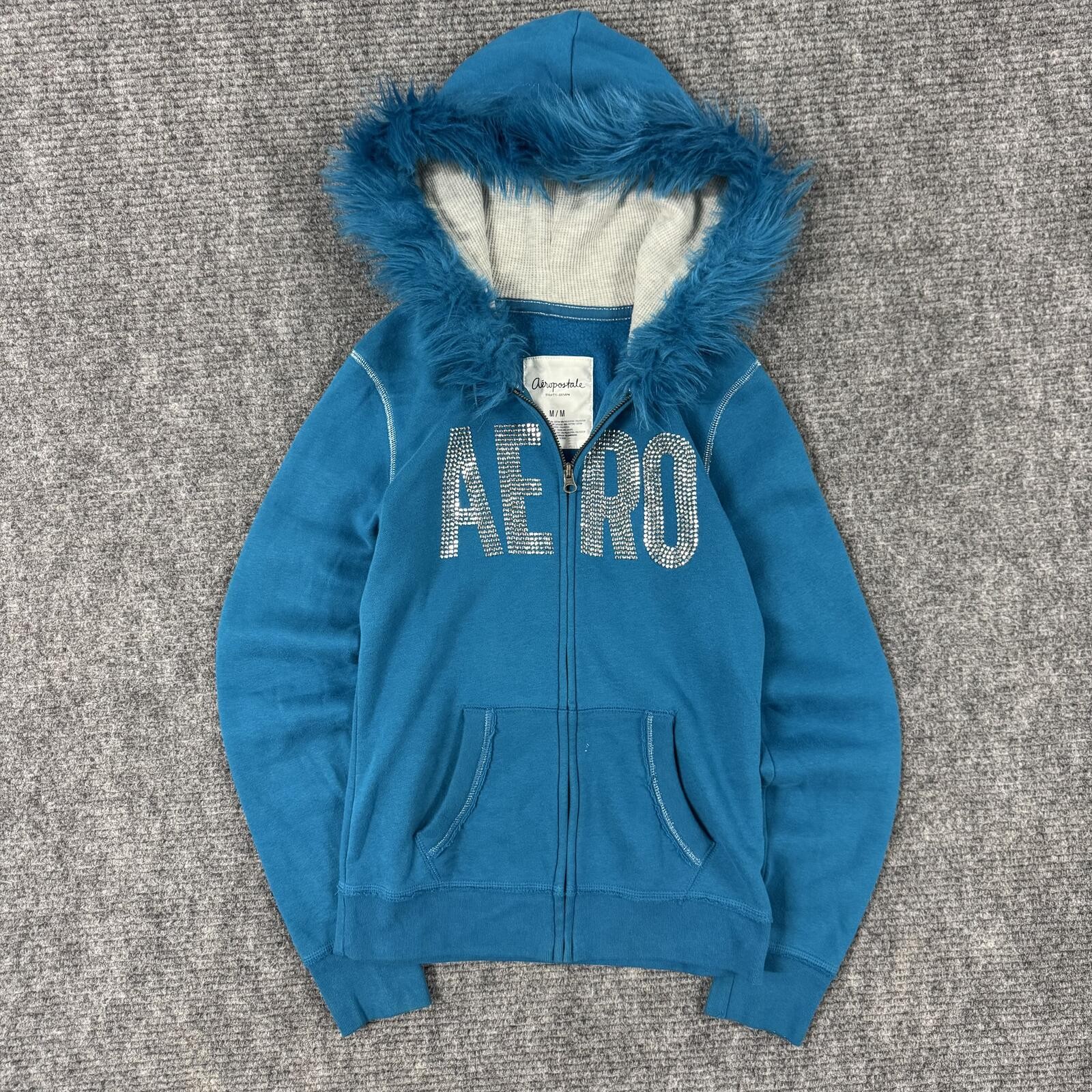 Vintage Y2K Thermal Lined Hood Aeropostale Womens Fur Hood Zip Up Blue Jacket M
