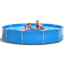Round Above Ground Swimming Pool Patio Frame Pool W/ Pool Cover Iron Frame Blue