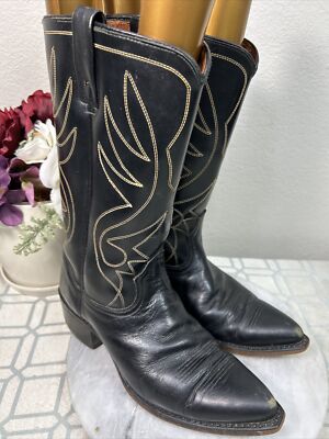 ✅Mens 10D Vintage Cowboy Boots Black Leather Almond Toe Embroidered Made In USA ✓Vintage Cowboy Boots Mens 10D Black Leather | Mercari main image 4