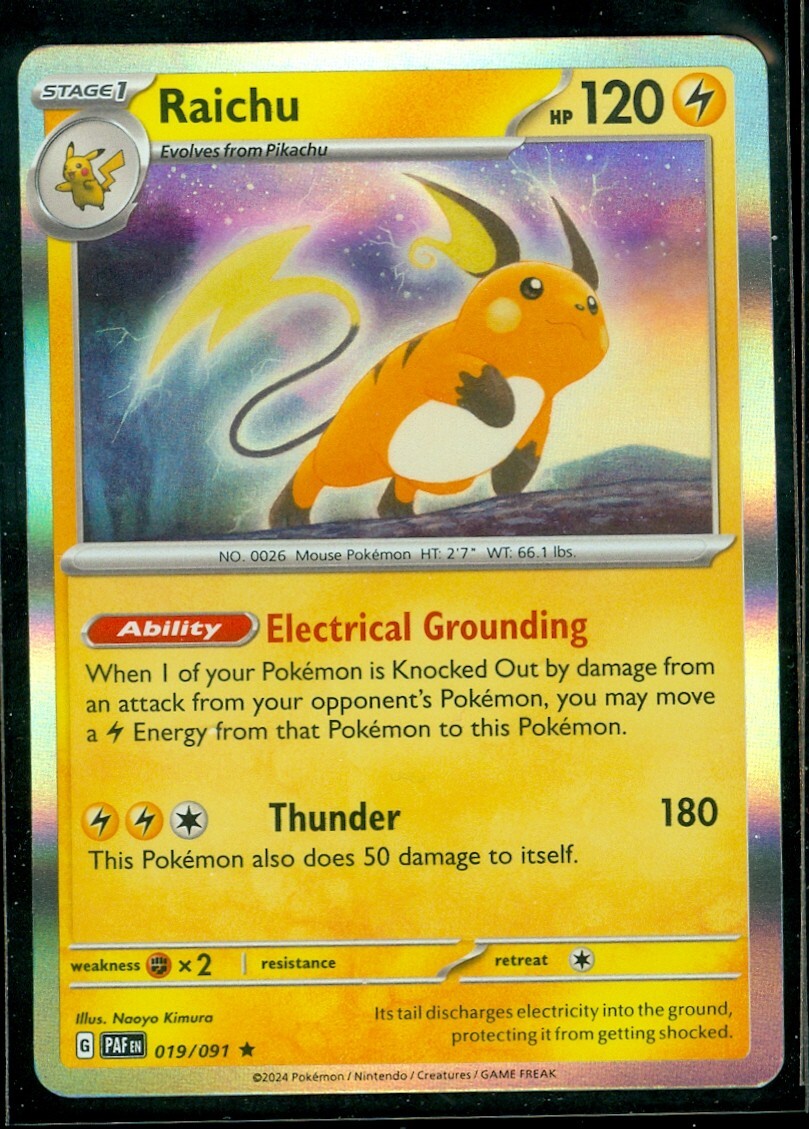 Pokemon RAICHU 019/091 - Paldean Fates - RARE HOLO - - MINT