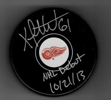 Xavier Ouellet Signed  Inscribed NHL Debut Dated 10-21-13 Detroit Red Wings Puck
