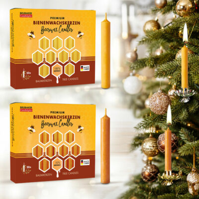 BRUBAKER 20er Pack Bienenwachs Kerzen Gelb 12 mm Ø Weihnachtskerzen Tannenbaum