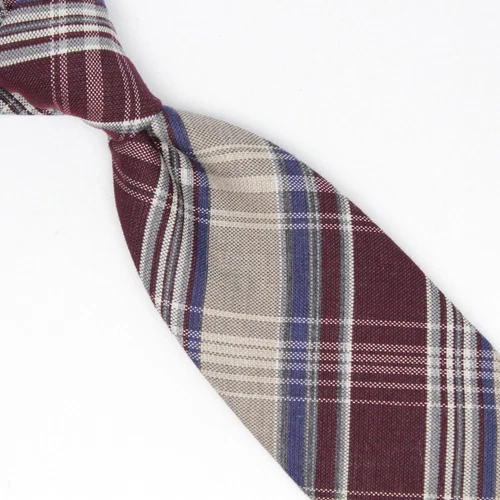 Josiah France Mens Wool Silk Necktie Burgundy Beige Blue Plaid Tie Made in Italy