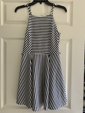 WINDSOR Dress - Navy Blue and Ivory Striped Spaghetti Strap - Size Medium