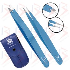 Eyebrows Tweezers Professional Pluckers Set Sharp Tips Slanted Pointed + Pouch