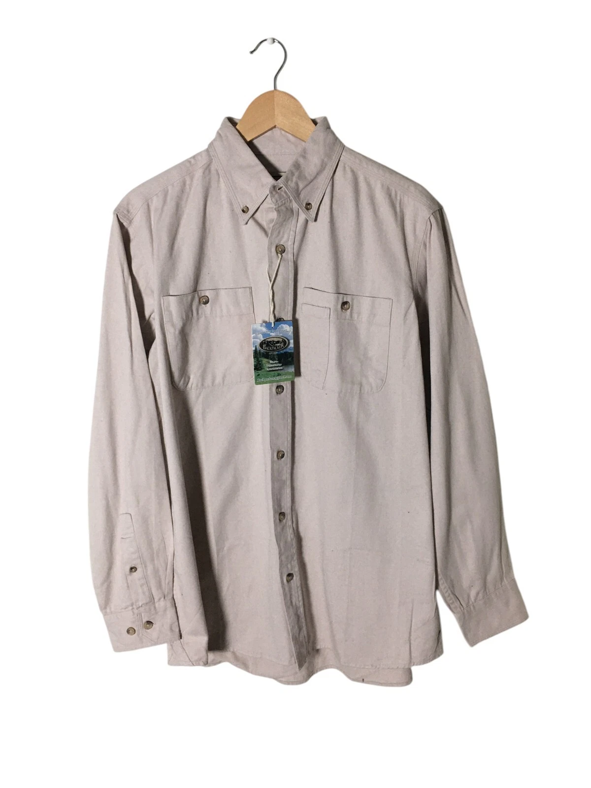 Backpacker Button Up Shirt Medium Men's Size Stone Beige 100% Cotton Hiking NEW