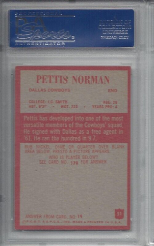 1965 Philadelphia football card 51 Pettis Norman Dallas Cowboys graded PSA 8 - Picture 2 of 2