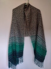 Wool Blend Wrap Shawl Scarf Reversible Green Gray Long Fringe 26 X 72