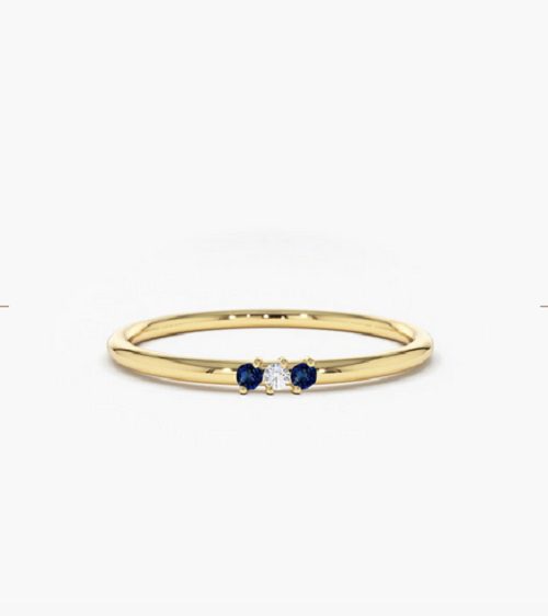 Delicate Simulated Blue Sapphire With White Moissanite Real 10K Yellow Gold Band