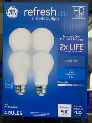 GE Refresh LED HD DAYLIGHT Dimmable Bulbs 4-Pack  800 Lumens 8.5W = 60W  A19