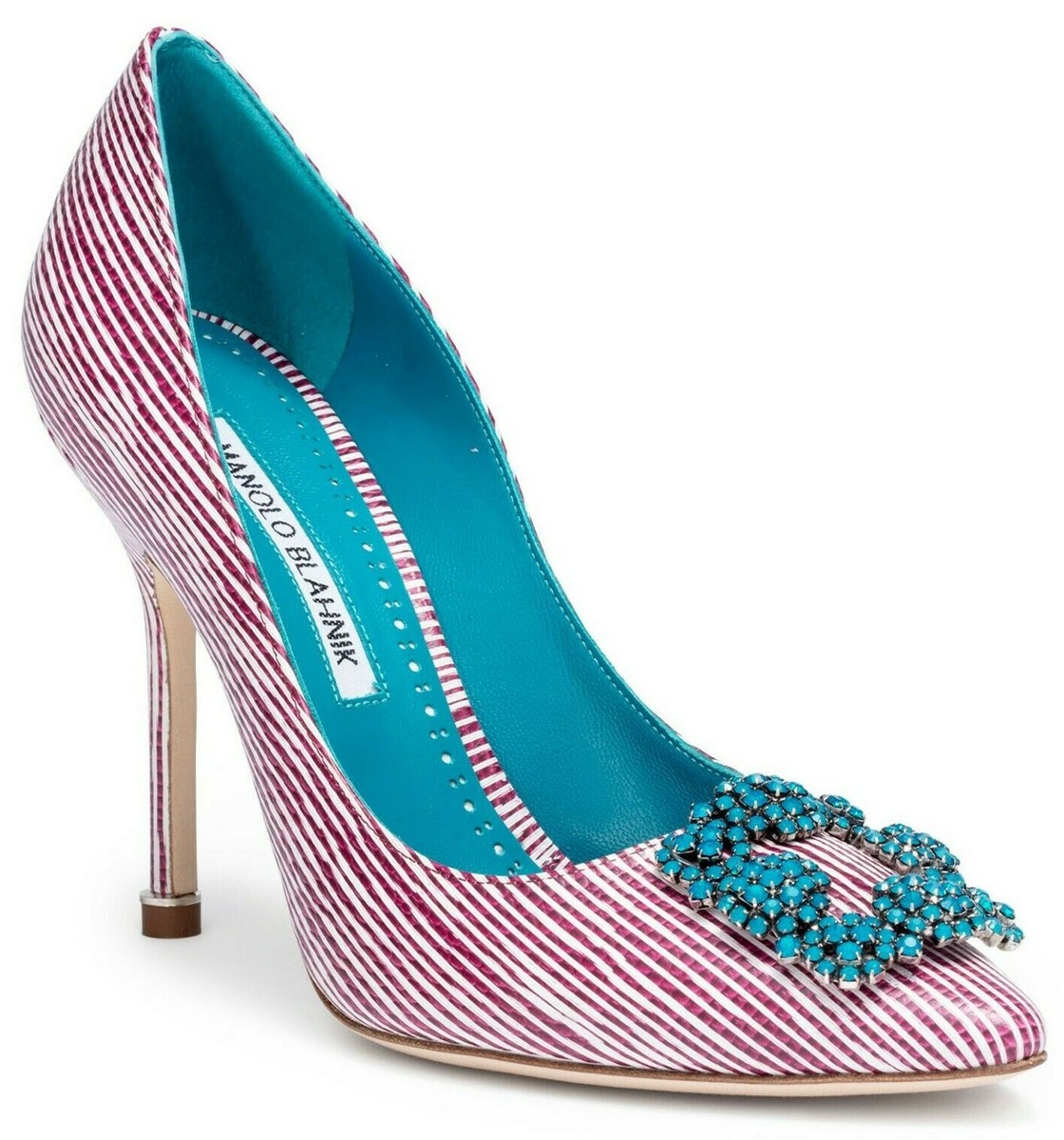$1065 NEW Manolo Blahnik HANGISI 105 Leather Striped Pumps Red