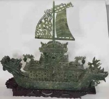 Rare Very Large Old  Spinach Jade Heavily Carved Ship-20