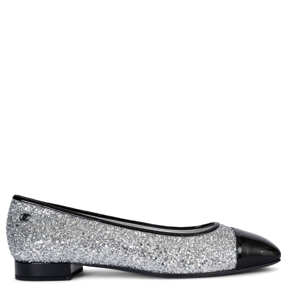 70932 auth CHANEL silver 17K GLITTER & PATENT Ballet Flats Shoes
