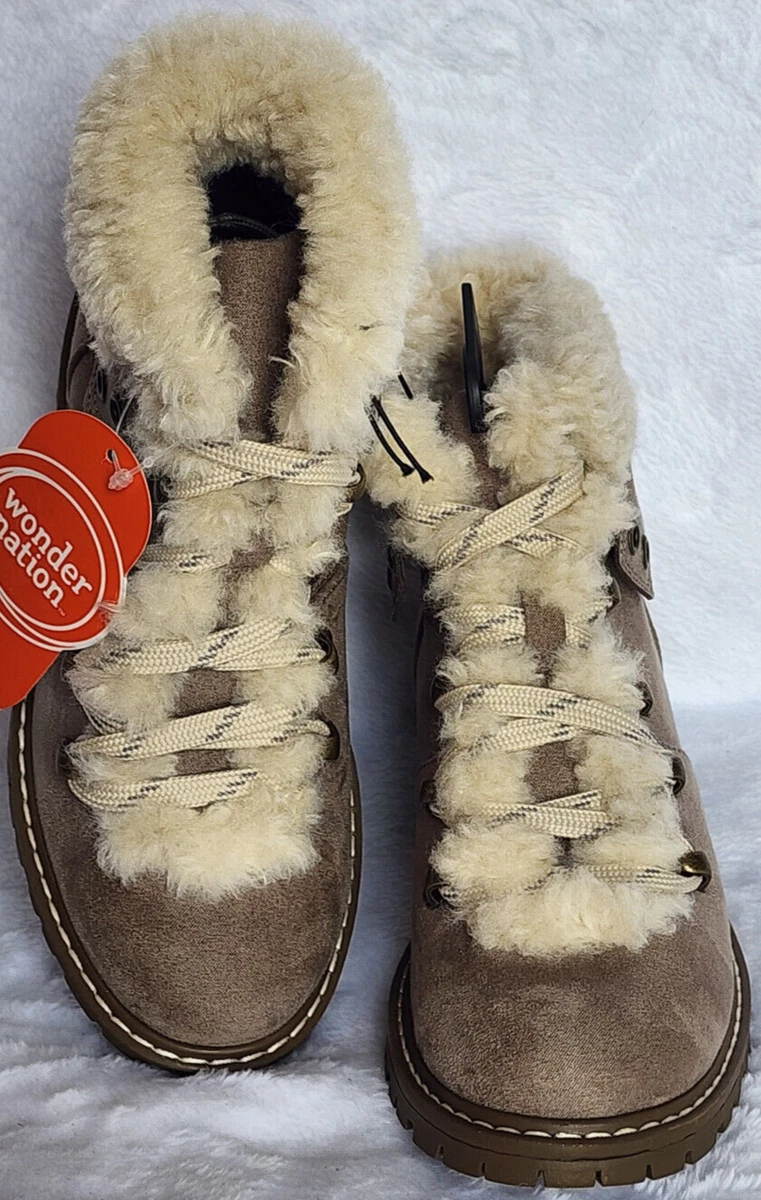 Wonder Nation Girls Faux Fur Cozy Hiker Boots Taupe Size 1 NEW
