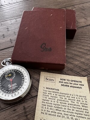 Vintage Sears Stopwatch 7 Jewels 1/10th Sec W/Box & Instructions