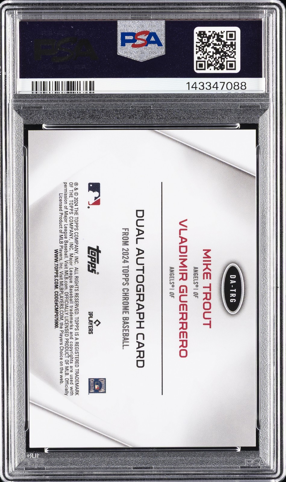 2024 TOPPS CHROME DUAL AUTOS #DATRG MIKE TROUT/VLADIMIR GUERRERO 7/25 PSA 10 view 2