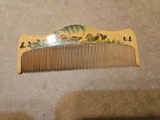 Vintage Wooden Chinese Hair Comb Hand Painted Mandarin ducks Chinese Writings