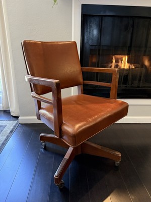 Vintage Jasper Chair Co. Walnut Swivel Office Chair   Ginger Brown Leather