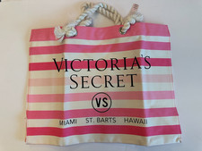 NWT Victoria s Secret Beach Tote Bag Pink White Striped with Rope Handles
