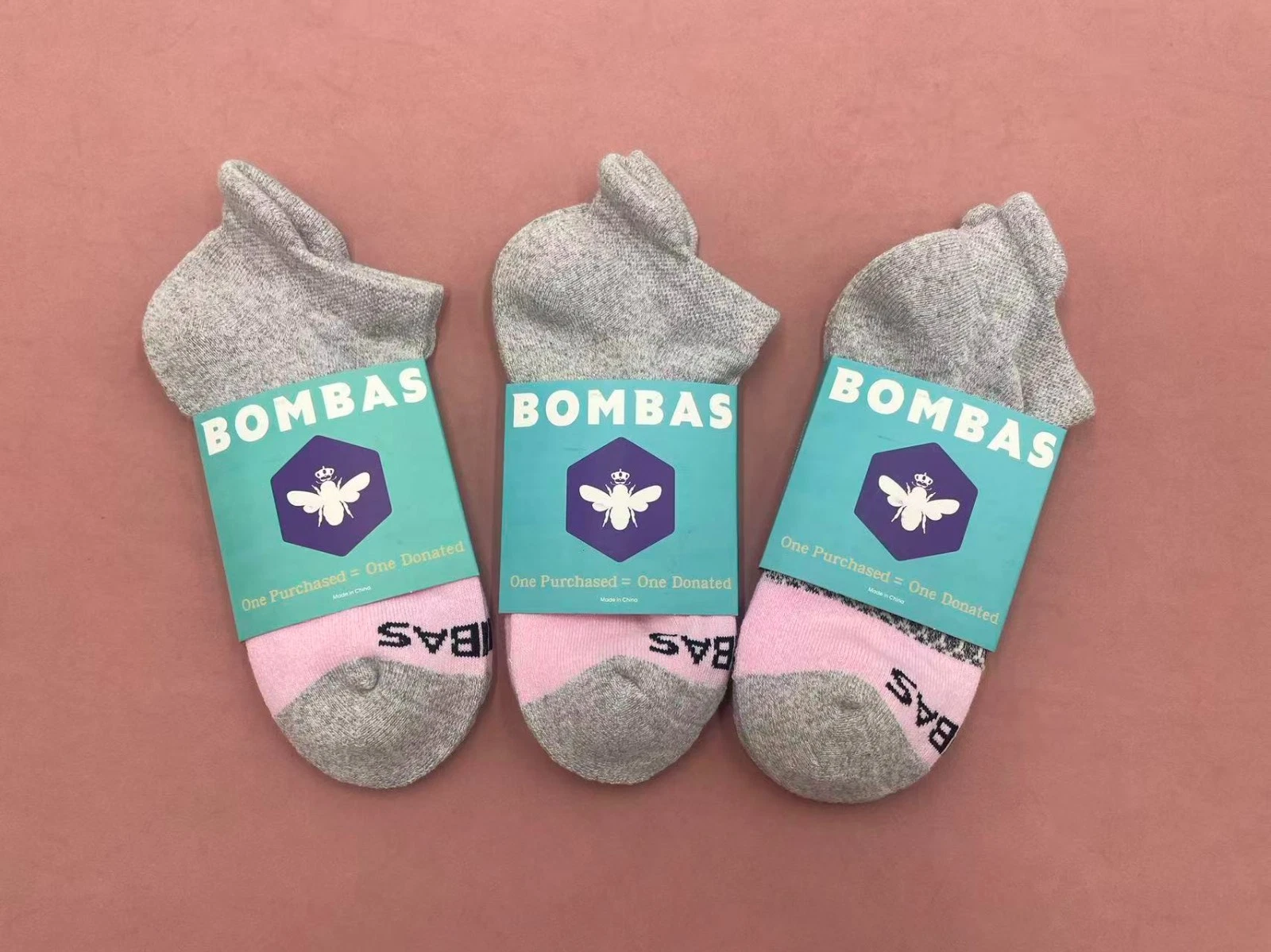 3 pairs BOMBAS Women's Tri-Block Marl Ankle Socks Medium 8-10.5 Gray pink