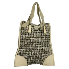 PRADA Hand Bag Tweed Leather Beige Black Silver Auth yk19291