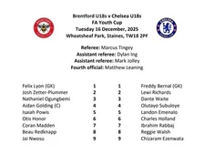 FA YOUTH CUP OFFICIAL TEAMSHEET 16/12/2025 BRENTFORD v CHELSEA MINT UNFOLDED
