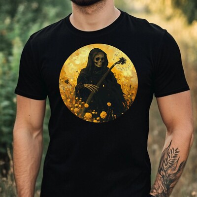 Mens Grim Reaper Dandelion Print Cotton T-Shirt Size XS to 5XL
