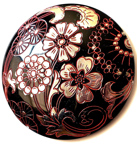 Huge Black Glass Vintage Button with Red and Silver Trim 1&15/16" Gorgeous - Picture 2 of 4